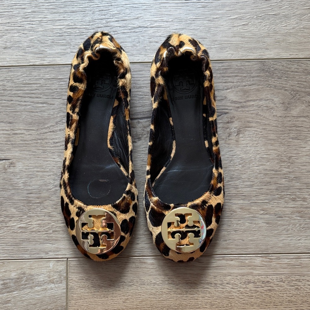 Tory Burch Animal Print Flats with Gold Logo